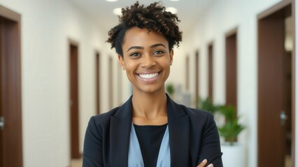 Professional Business Woman Smiling Confidently in Office Hallway, Perfect for Corporate Marketing or Inspirational Content