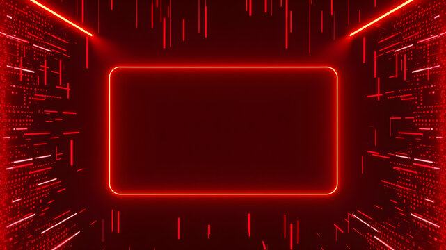 A glowing red neon rectangle frame surrounded by a dark background with streaks of red lines and particles.