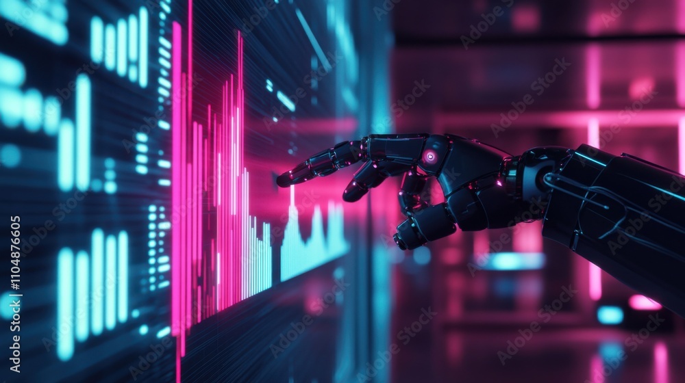 Poster robotic hand interacting with futuristic data visualization display