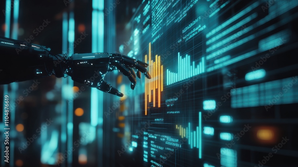 Poster robotic hand interacting with digital data visualization interface