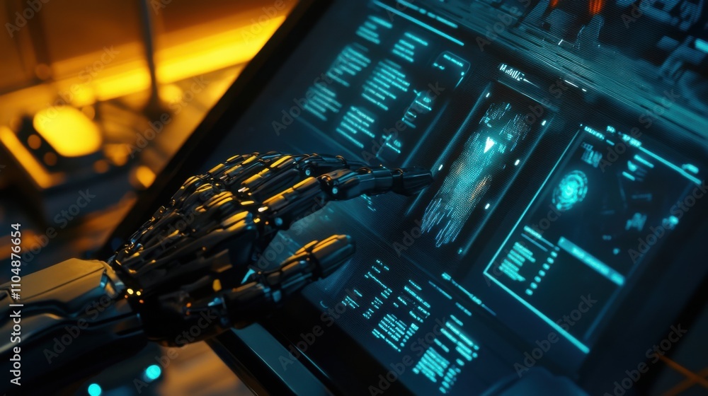 Poster futuristic robot hand interacting with high-tech user interface