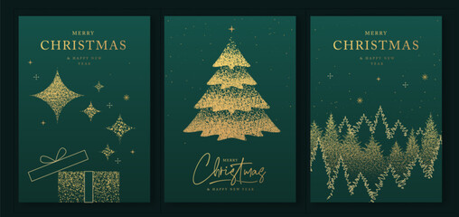 Set of luxury Merry Christmas and Happy New Year greeting cards, covers or posters with gold holiday decoration. Christmas green background. Vector illustration © annbozhko