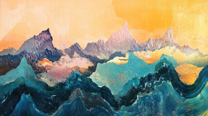 Obraz premium vibrant landscape featuring stylized mountains and waves under warm orange sky, evoking sense of tranquility and artistic expression
