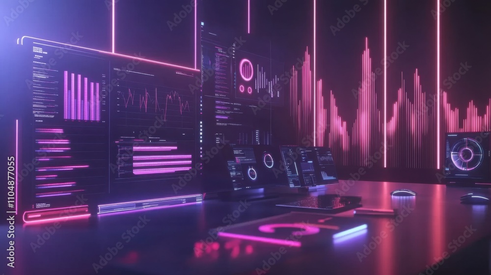 Poster futuristic data visualization with neon lights and graphs in workspace