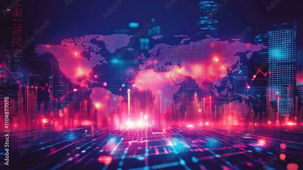 Poster abstract financial data visualization with global map and charts
