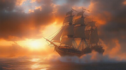 Obraz premium Majestic sailing ship at sunset, ocean mist.