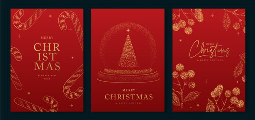 Set of luxury Merry Christmas and Happy New Year greeting cards, covers or posters with gold holiday decoration. Christmas red background. Vector illustration