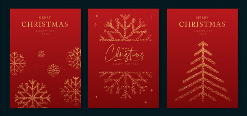 Set of luxury Merry Christmas and Happy New Year greeting cards, covers or posters with gold holiday decoration. Christmas red background. Vector illustration