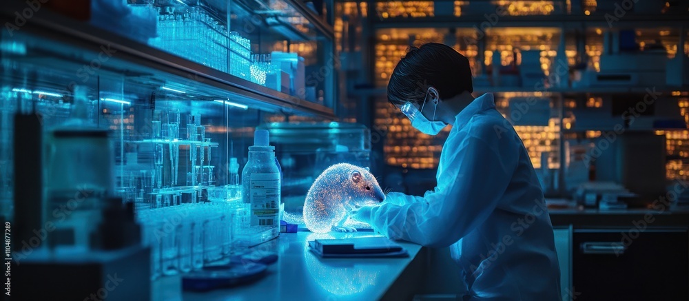 Poster a scientist in a lab coat is working on an experiment with a glowing mouse. the lab is lit with blue