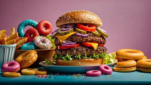 Video footage of double cheeseburger with lettuce, tomato, pickles, onions, and cheese is surrounded by colorful donuts and a cup of fries on a blue table against a purple background