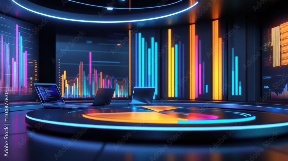 Poster modern digital workspace with colorful graphs and data visualization