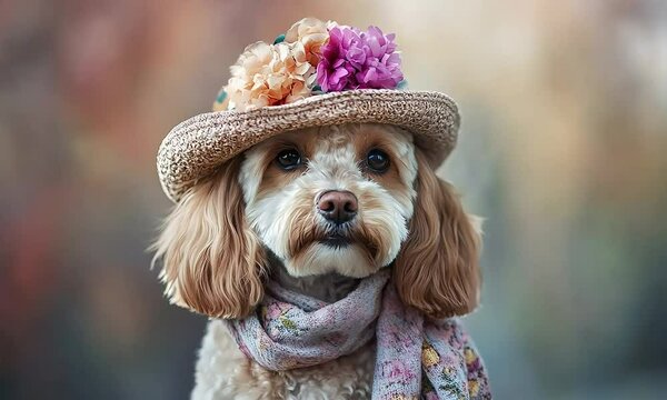 Cockapoo dog with a fancy floral hat and scarf, dog blinks eyes