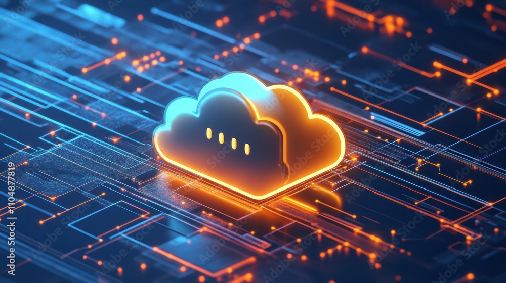 Poster neon cloud icon on digital circuit background with glowing elements
