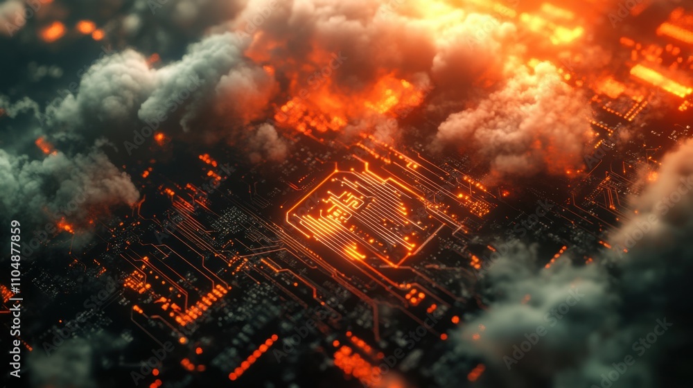 Poster abstract technology background with glowing circuits and clouds