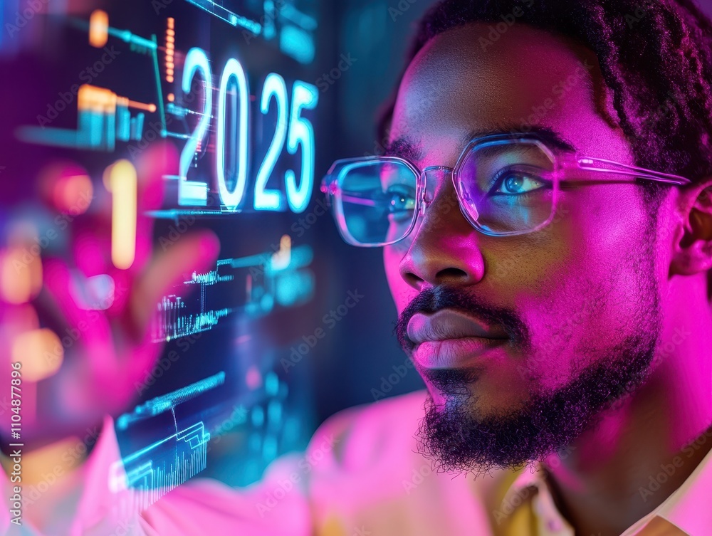 Poster a man interacting with a futuristic 2025 interface technology display