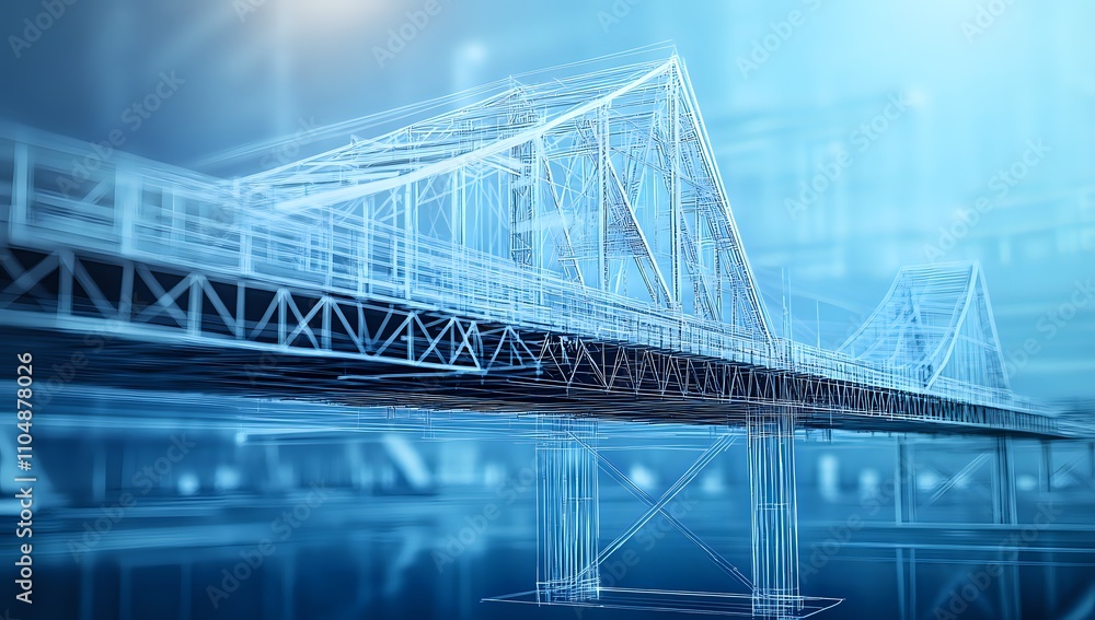 Poster blueprint of a modern suspension bridge architectural design wireframe model