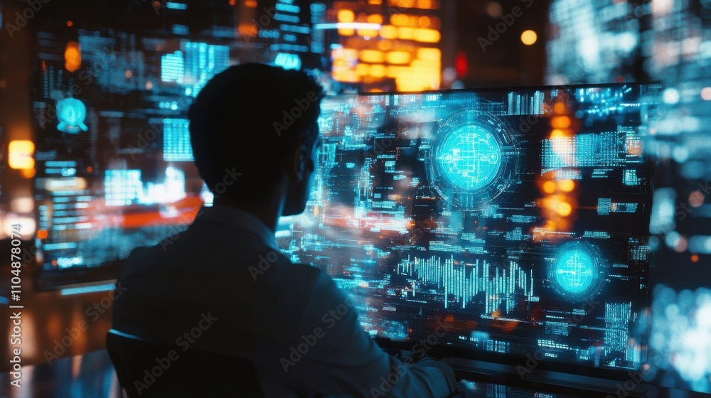 Poster futuristic data visualization with man analyzing digital interface
