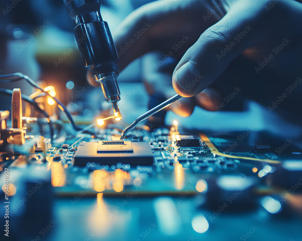 Aufkleber a technician soldering components on a circuit board in a dimly lit workshop.