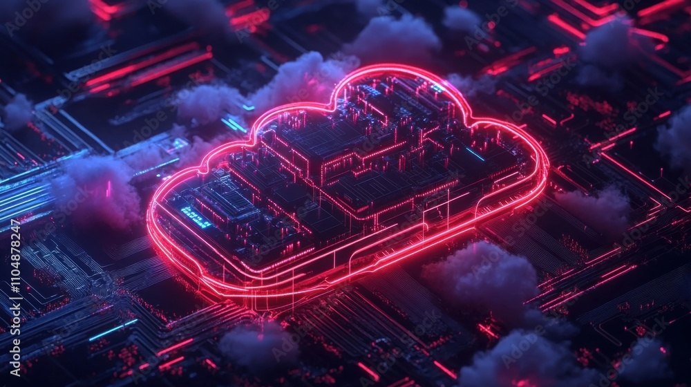 Poster neon cloud technology in digital network with futuristic elements