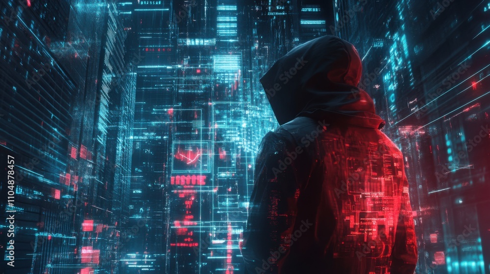 Poster mysterious figure in hoodie amidst neon data streams and codes