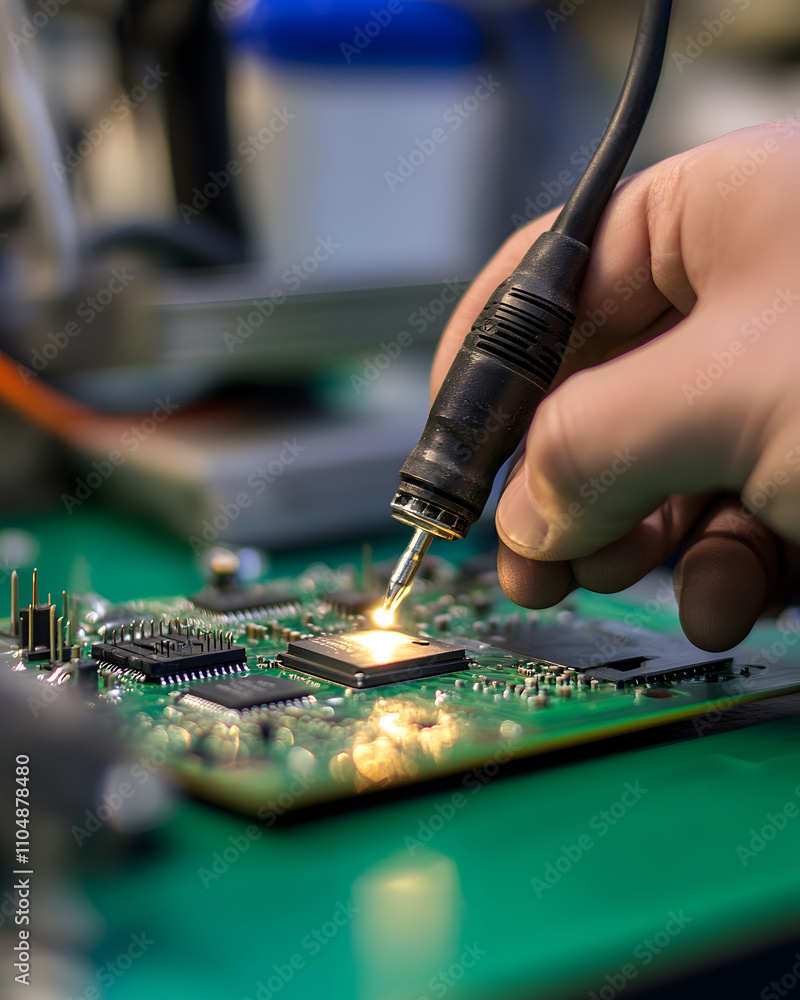 Poster a technician soldering components on a circuit board with precision tools.