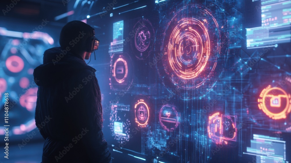 Poster person interacting with futuristic virtual reality interface display