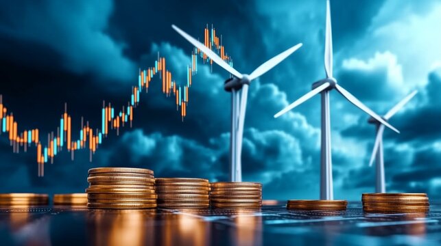 Energy Market Overview with Graphs and Wind Turbines