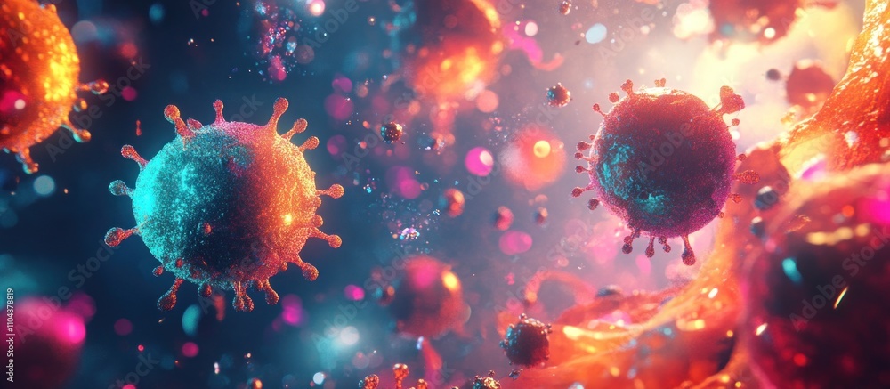 Poster a vibrant abstract image with a close-up of a colorful virus, in an artistic representation of a mic