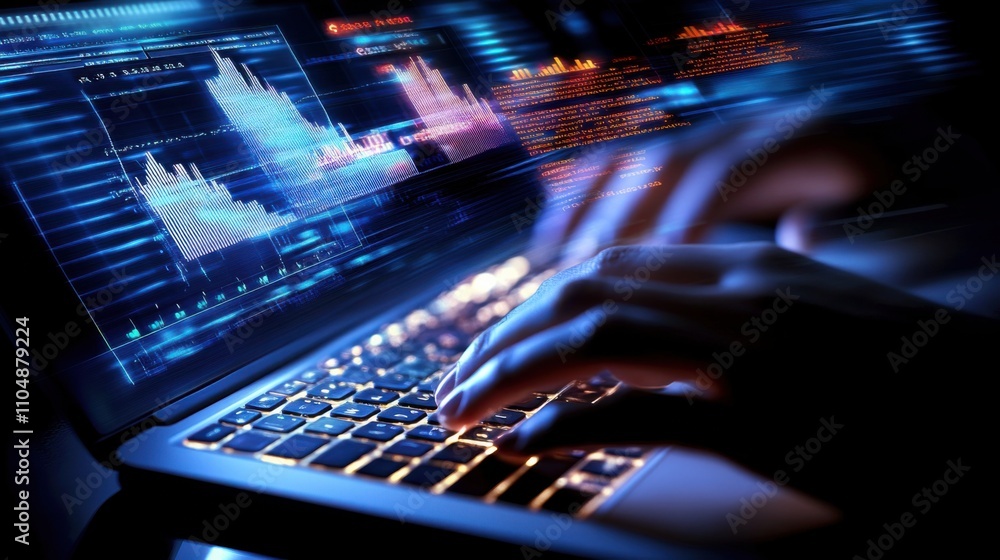 Poster hands typing on laptop with data visualization in background at night