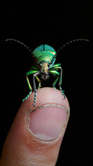 Microscopic view sapphire beetle resting fingertip brilliant green metallic vivid antennas black studio background highlighting insect anatomy elegance Close-up macro exotic rare photography Tiny