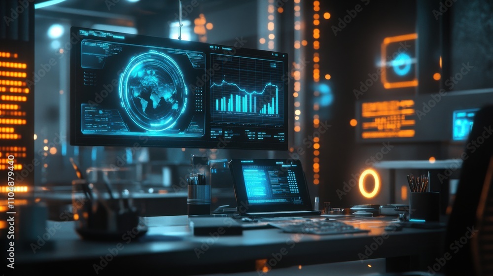 Poster futuristic data display in a dark tech environment with neon lights