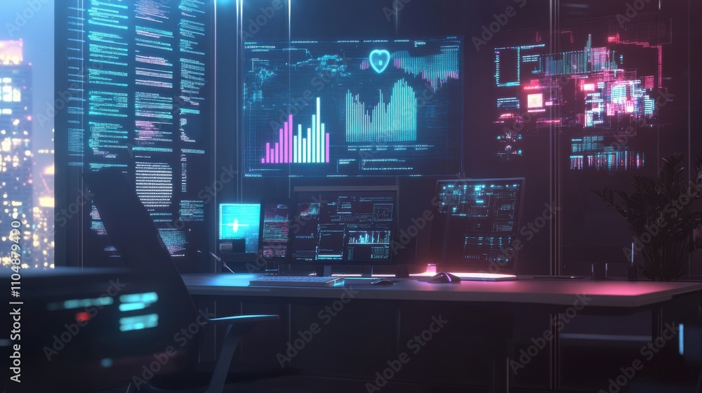 Poster modern data analysis workspace with interactive technology displays