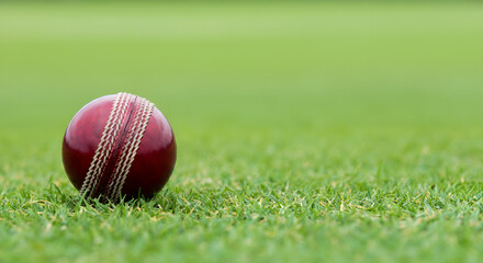 A red and white cricket ball sits on a green field. The ball is surrounded by grass and he is in the middle of the field