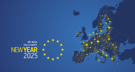 We wish you a Happy New Year 2025 Europe yellow stars flag energy light sparkler firework over EU map blue background