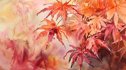 Stunning Artistic Watercolor of Autumn Japanese Maple Leaves with Vibrant Hues and Soothing Background, Perfect for Seasonal Decor and Nature Inspiration
