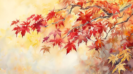 Beautiful Watercolor Painting of Japanese Maple Leaves in Autumn with Vibrant Red and Yellow Hues Creating a Serene Atmosphere of Nature's Splendor