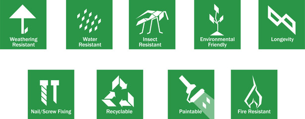 Weathering Resistant, Water Resistant, Insect Resistant, Environmental Friendly, Longevity, Nail Screw Fixing, Recylable, Paintable, Fire Resistant symbols. © POSMGUYS