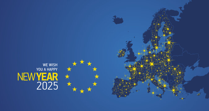 We wish you a Happy New Year 2025 Europe yellow stars flag energy light sparkler firework over EU map blue background