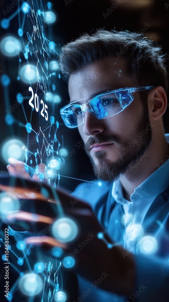 Poster a man interacting with a holographic interface showing data and the year 2025, futuristic technology
