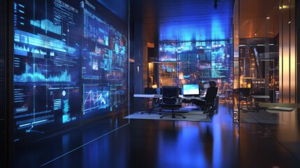 Modern Office Space with Digital Data Display and Night View