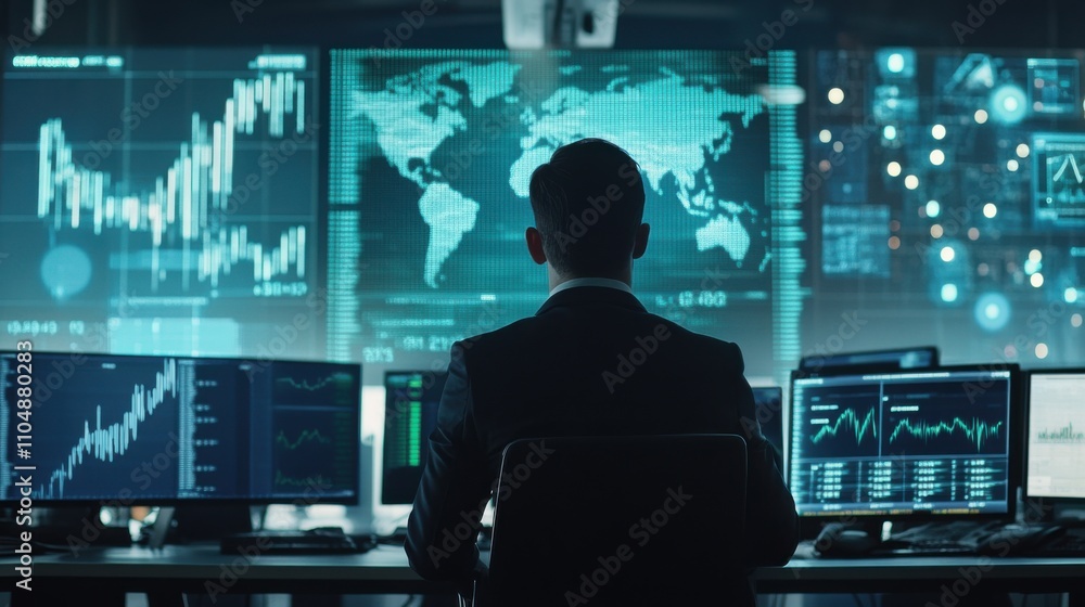 Poster business professional analyzing data on multiple computer screens