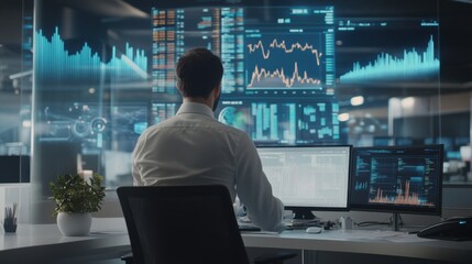 Fototapeta premium Professional Analyst Working in Modern Office with Data Visualizations