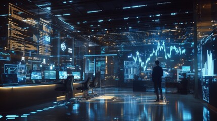 Futuristic Office with Data and Charts Display in High-Tech Environment