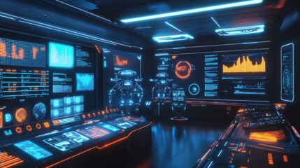 Naklejka premium Futuristic Control Room with Neon Lights and Advanced Technology