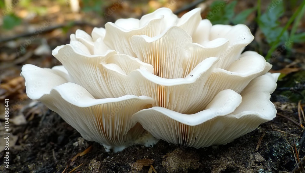 Poster stunning close-up of a delicate white mushroom cluster in a forest setting