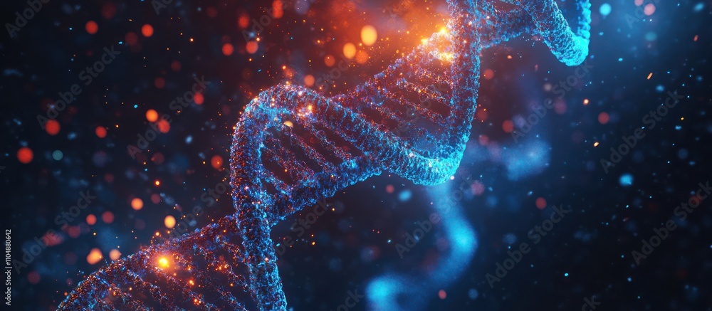 Poster abstract 3d rendering of a glowing dna double helix with orange and blue particles in a dark backgro