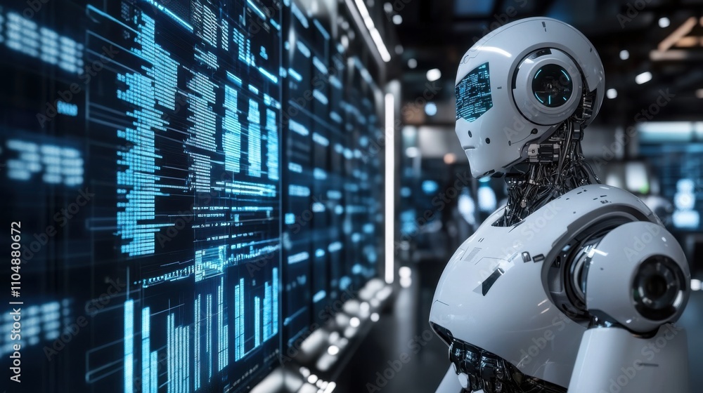 Poster futuristic robot analyzing data in high-tech control room