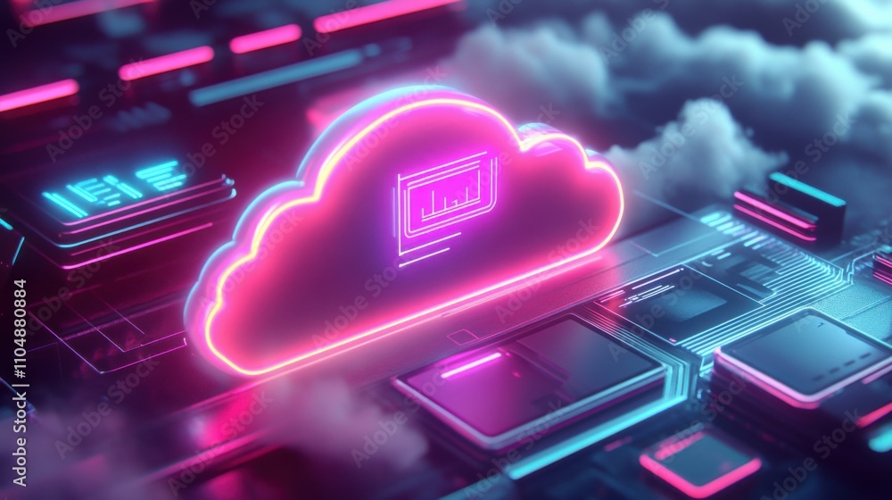Poster neon cloud computing concept with circuitry and data visualization