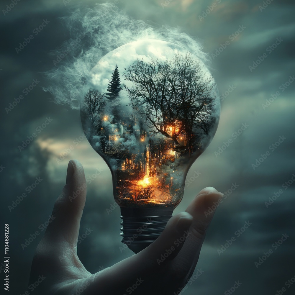 Poster a hand holds a light bulb with a forest scene inside, glowing with warmth and a sense of wonder. the
