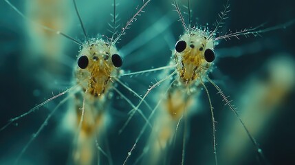 Close-up view of tiny aquatic creatures, likely zooplankton, showcasing their intricate features.